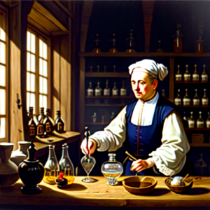 An image of a monk in the Netherlands crafting gin in an apothecary like room.